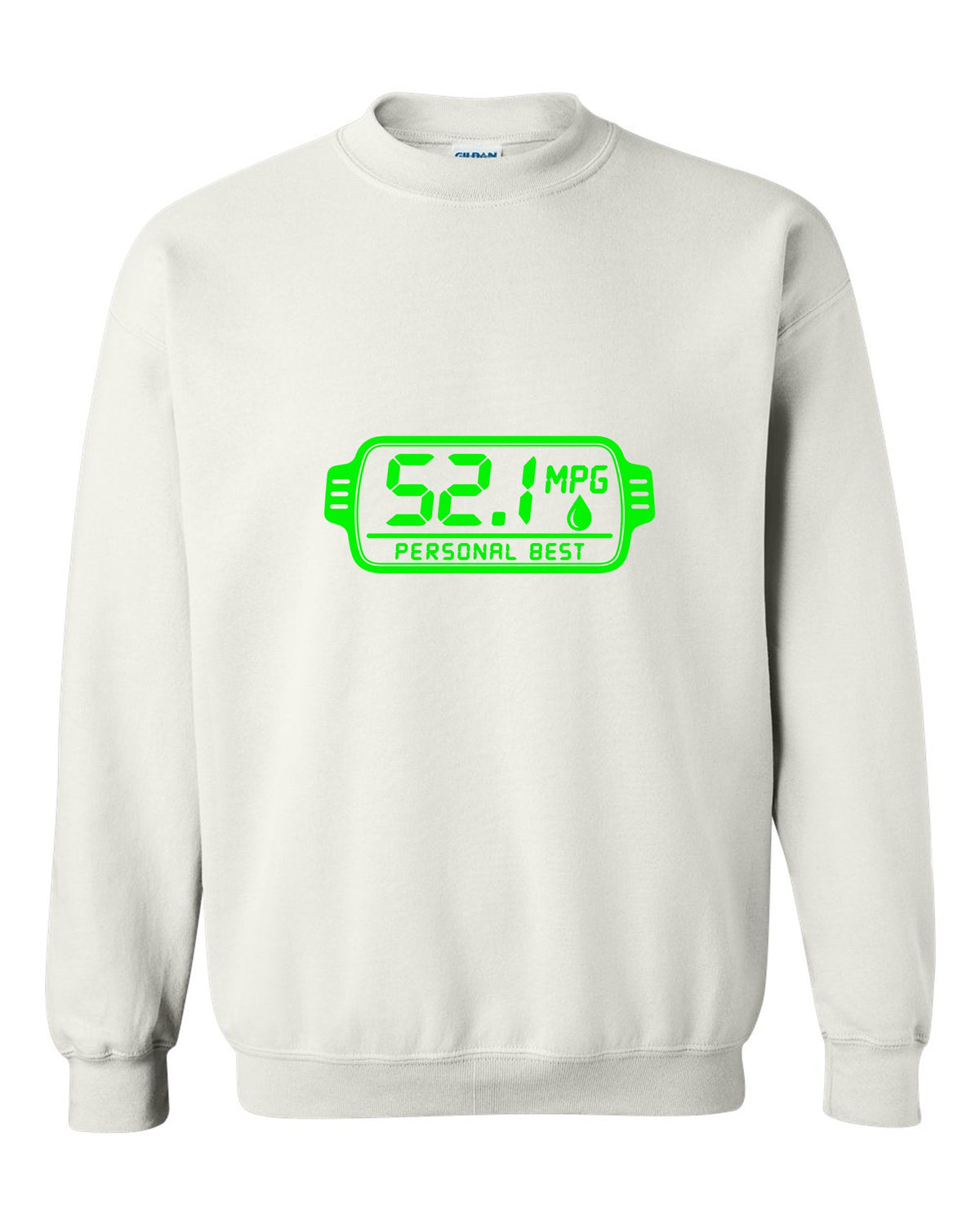 Trip computer display showing 52.1 with small fuel drop white crewneck front view with the design