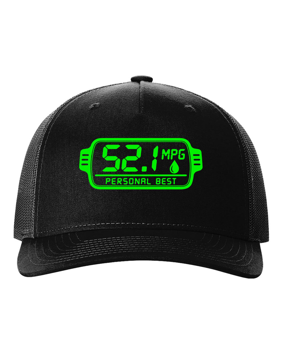 Trip computer display showing 52.1 with small fuel drop black hat front view with the design