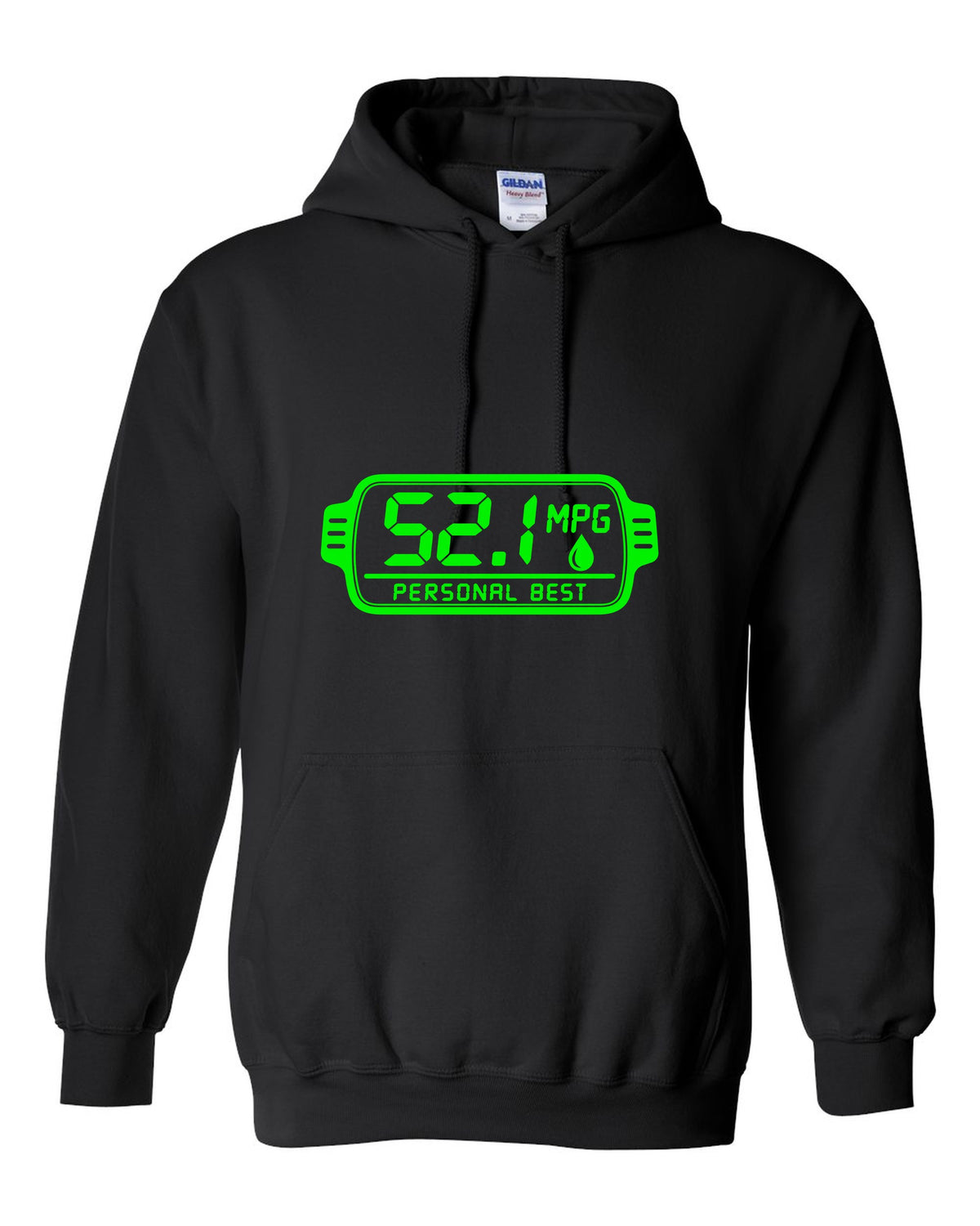 Trip computer display showing 52.1 with small fuel drop black pull over hoodie front view with the design
