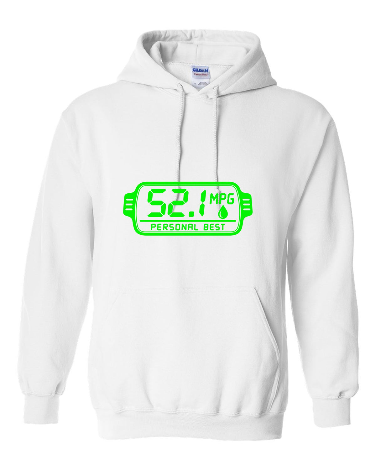 Trip computer display showing 52.1 with small fuel drop white pull over hoodie front view with the design