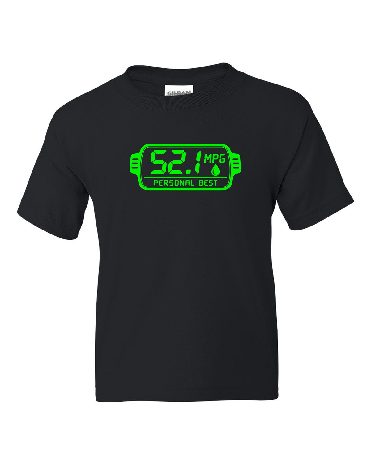 Trip computer display showing 52.1 with small fuel drop black kids tee front view with the design