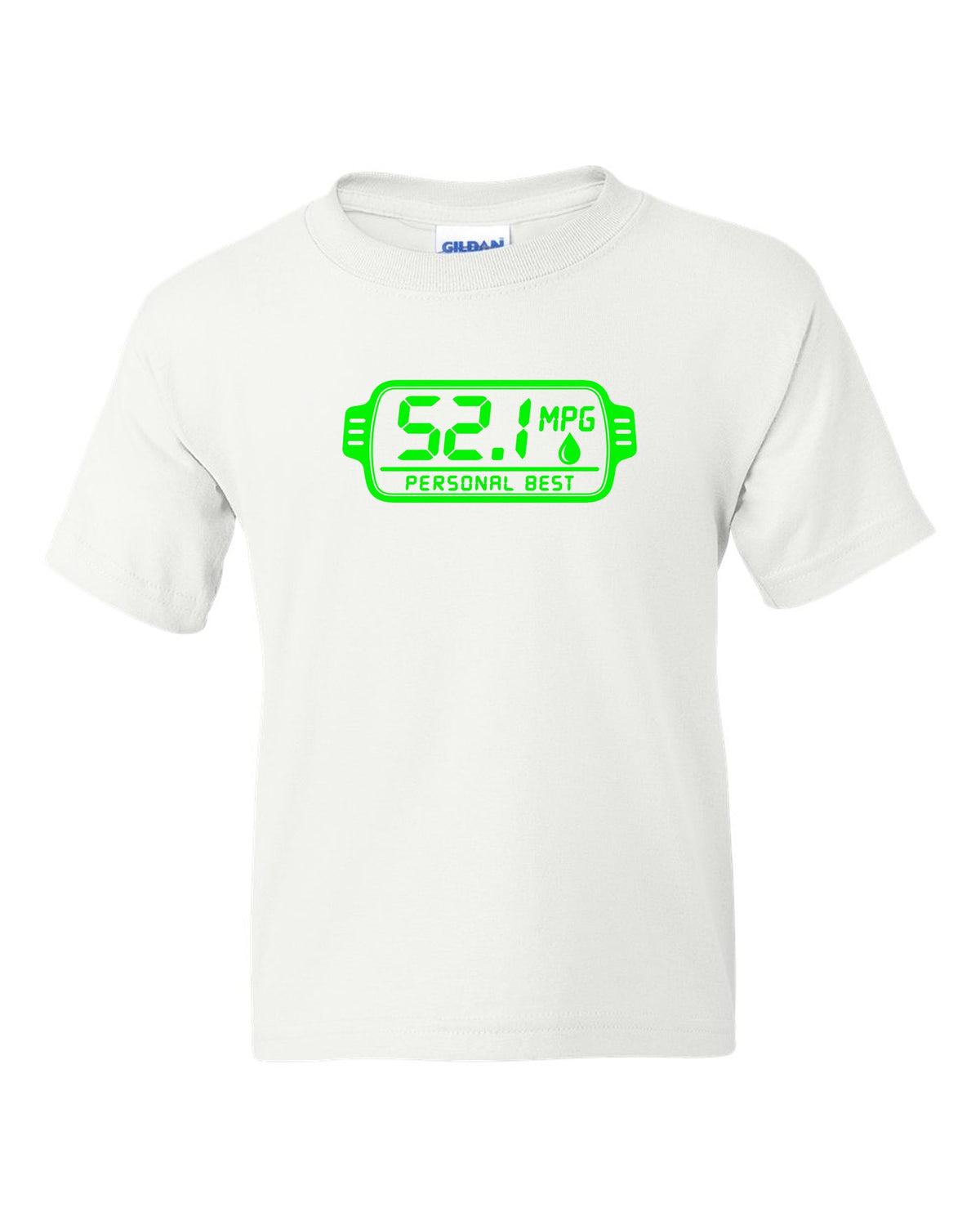 Trip computer display showing 52.1 with small fuel drop white kids tee front view with the design