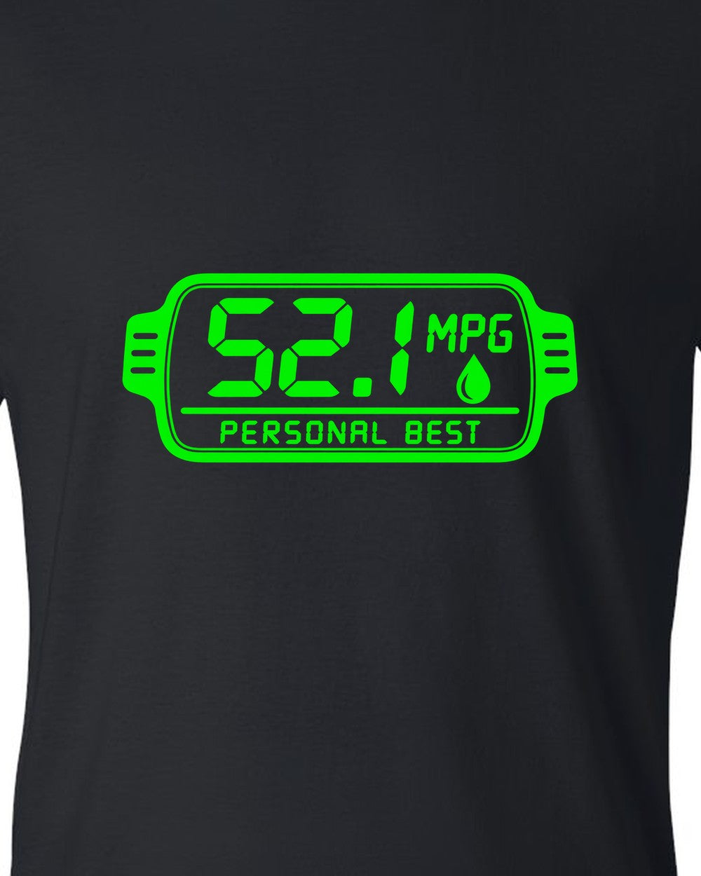 Trip computer display showing 52.1 with small fuel drop black t-shirt close-up