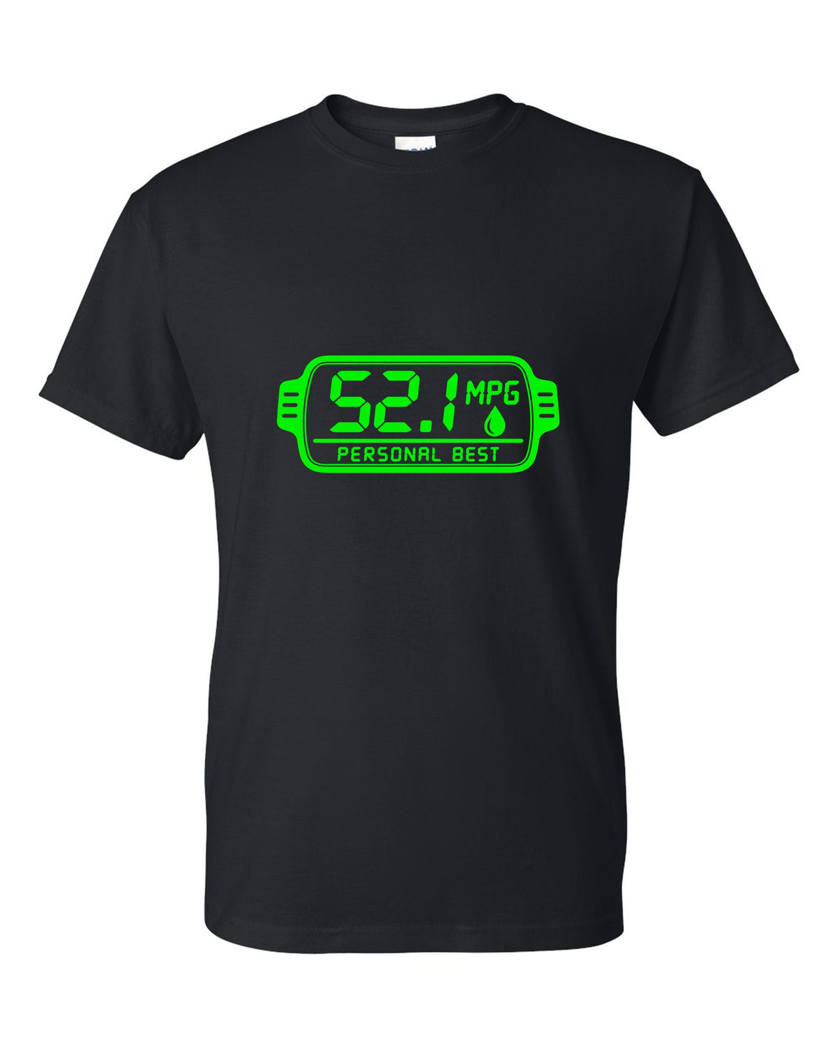 Trip computer display showing 52.1 with small fuel drop black t-shirt front view with the design