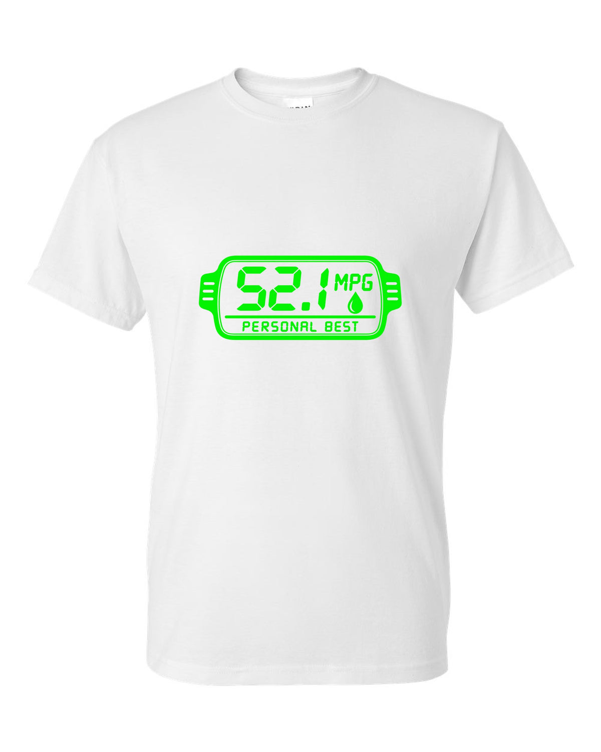 Trip computer display showing 52.1 with small fuel drop white t-shirt front view with the design