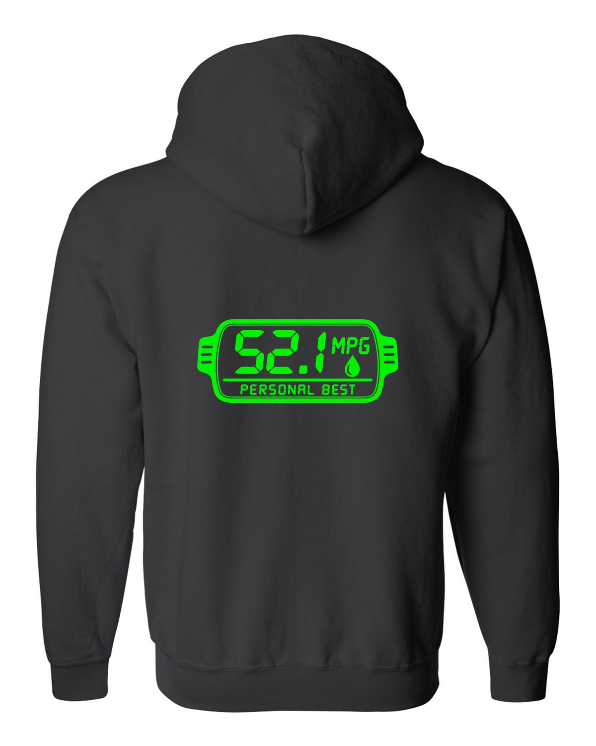 Trip computer display showing 52.1 with small fuel drop black zip hoodie back view with the design