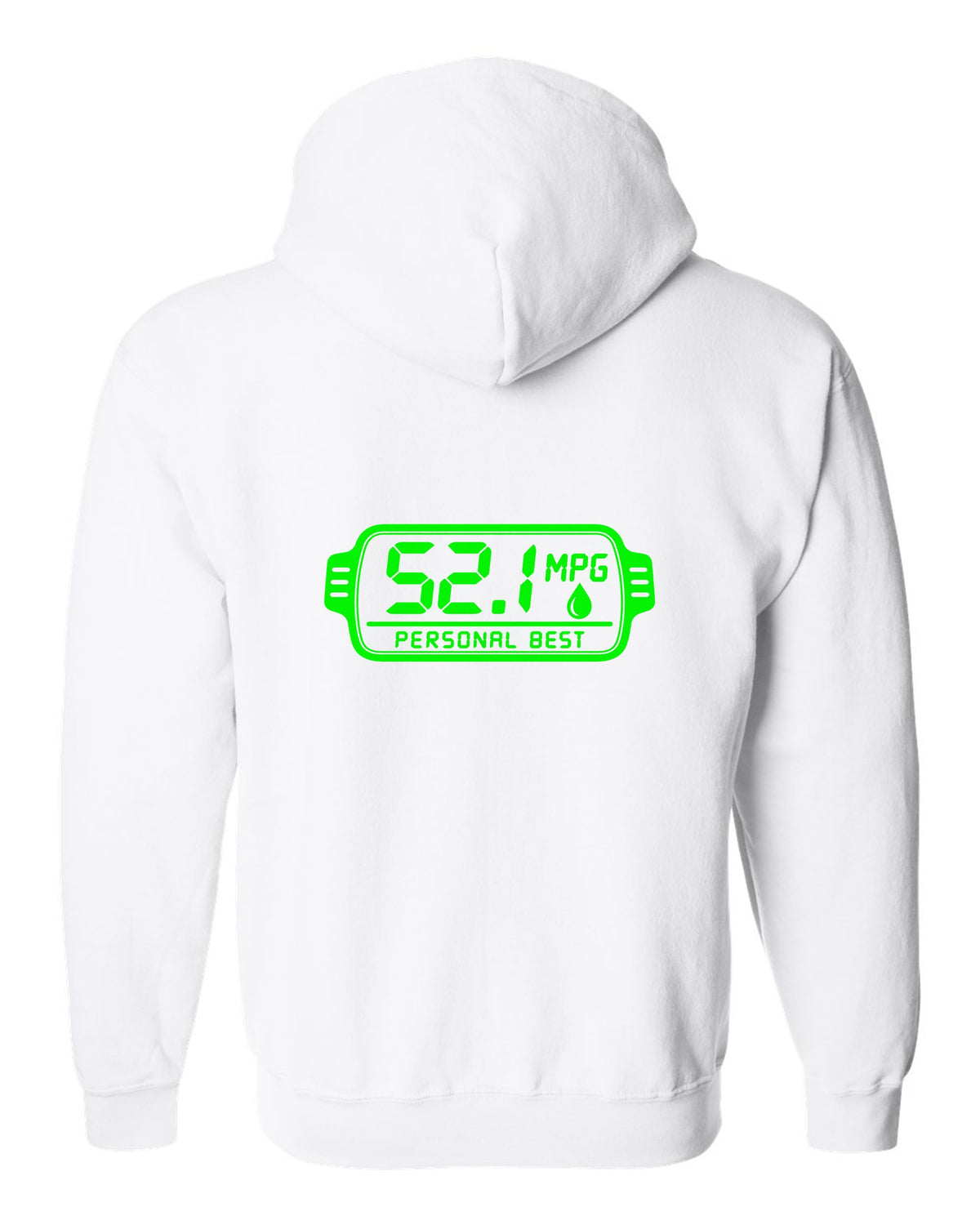 Trip computer display showing 52.1 with small fuel drop white zip hoodie back view with the design