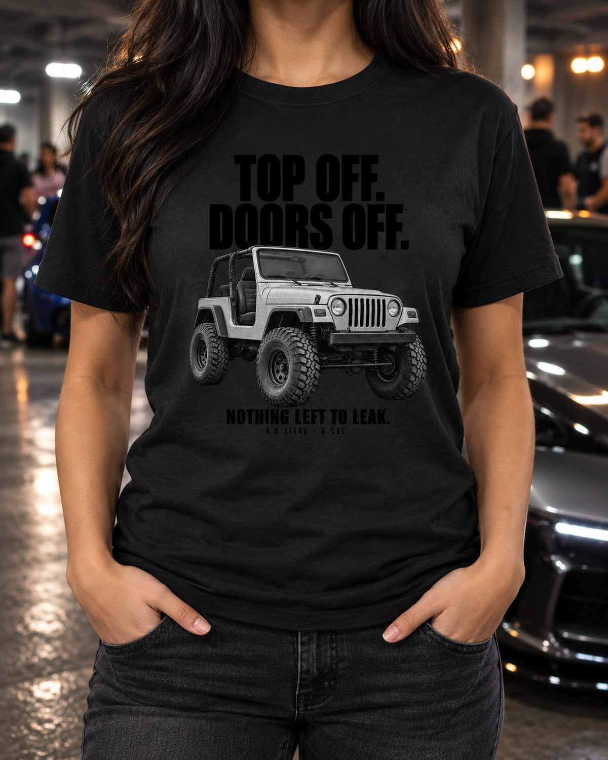 Jeep Wrangler TJ Top Off Doors Off Halftone Tee, 4.0L T-Shirt Black worn hero