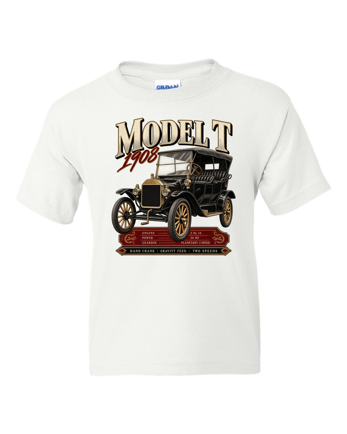 Archive panel print of a Ford Model T touring car with engine specs white kids tee front view with the design