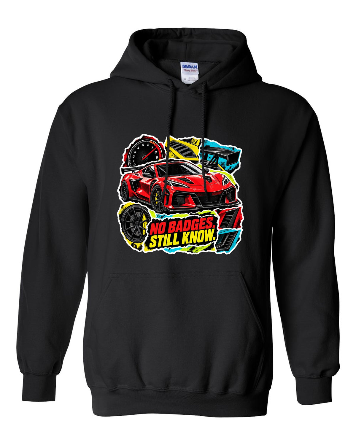 Sticker-bomb collage print of a 2025 Chevrolet Corvette C8 ZR1 with fender vents and rear wing black pull over hoodie front view with the design