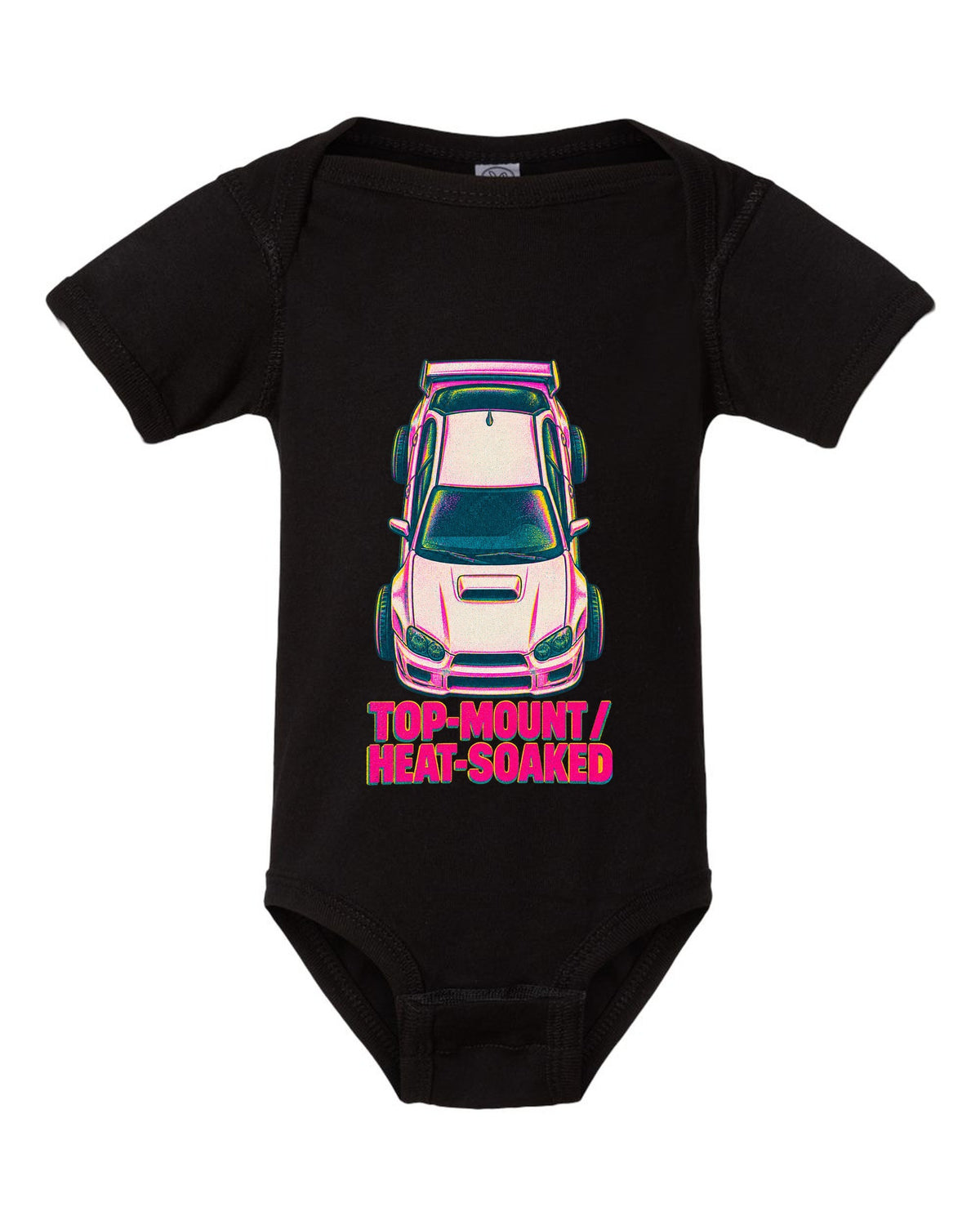 Risograph top view of a Subaru Impreza WRX GDB Blobeye with heat-soaked text black baby onesie front view with the design