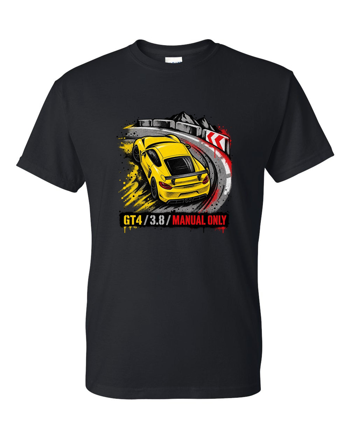 Engraved tachometer illustration for the Porsche 911 GT3 RS 991.2 black t-shirt front view with the design