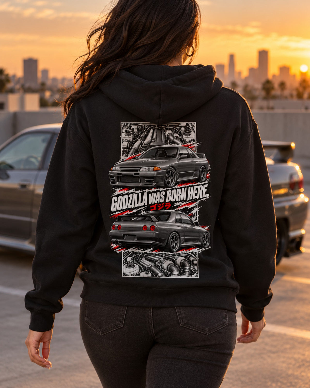 Nissan Skyline GT-R R32 Torn Poster Full-Back Graphic Tee Pull Over Hoodie Black worn hero
