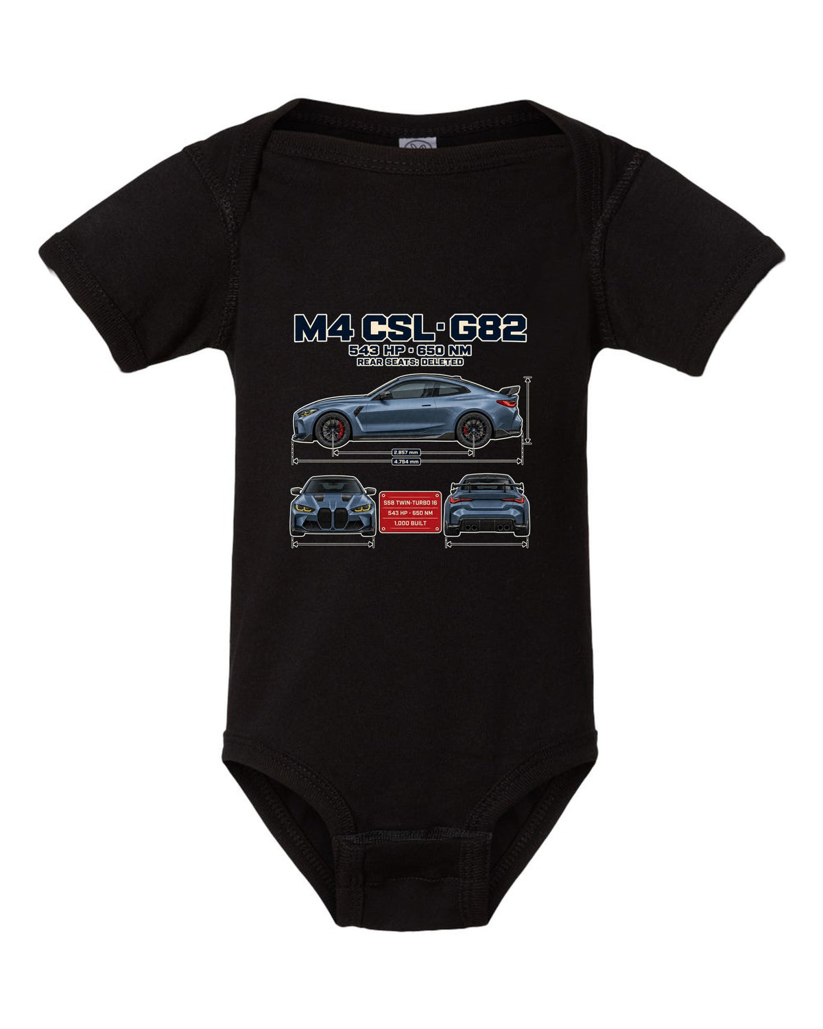 BMW M4 CSL G82 three-view spec table print black baby onesie front view with the design