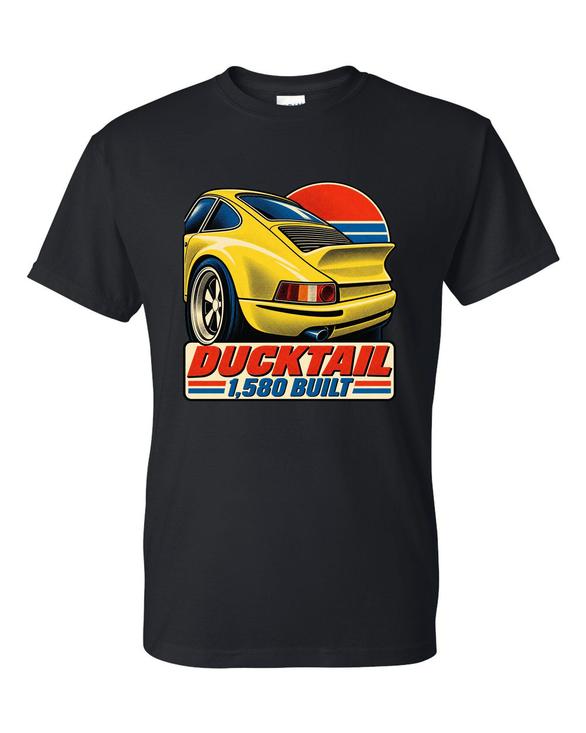 Vintage lithograph poster of the Porsche 911 Carrera RS 2.7 ducktail black t-shirt front view with the design