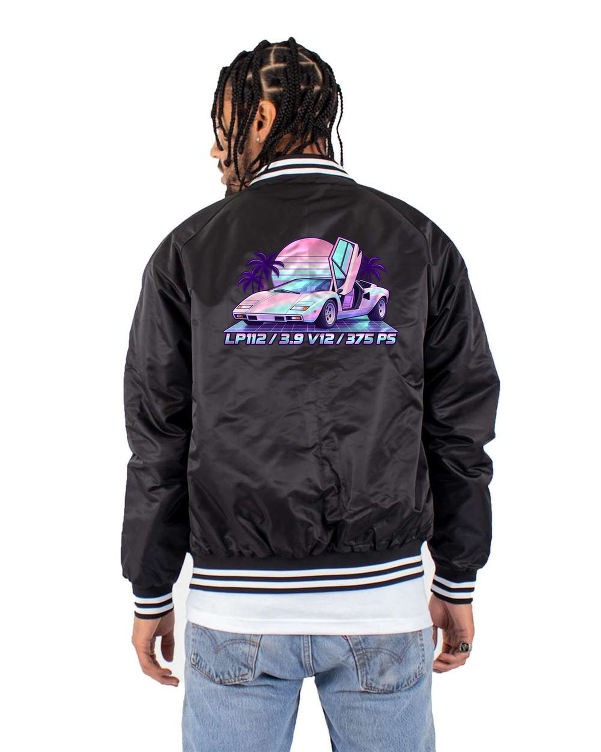 Lamborghini Countach LP400 Vaporwave Shirt, LP112 V12 Print Bomber Jacket Black back