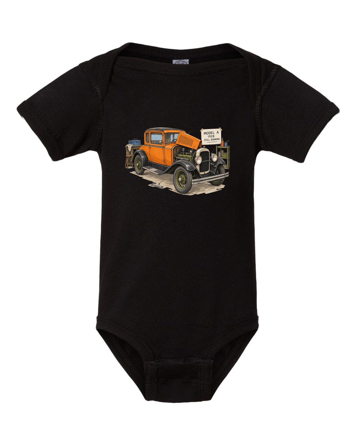 Ink and marker sketch of a 1928 Ford Model A coupe with still running lettering black baby onesie front view with the design