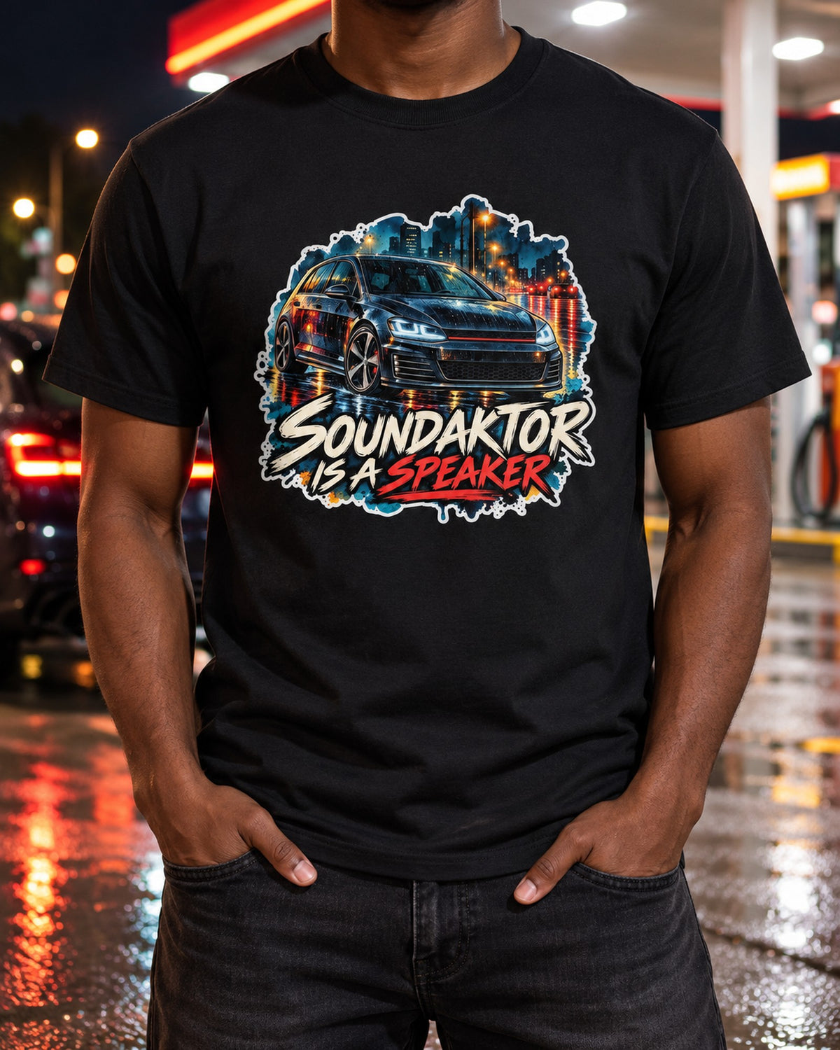 Golf GTI Mk7 Wet Street Watercolour Shirt, Soundaktor Joke T-Shirt Black worn hero