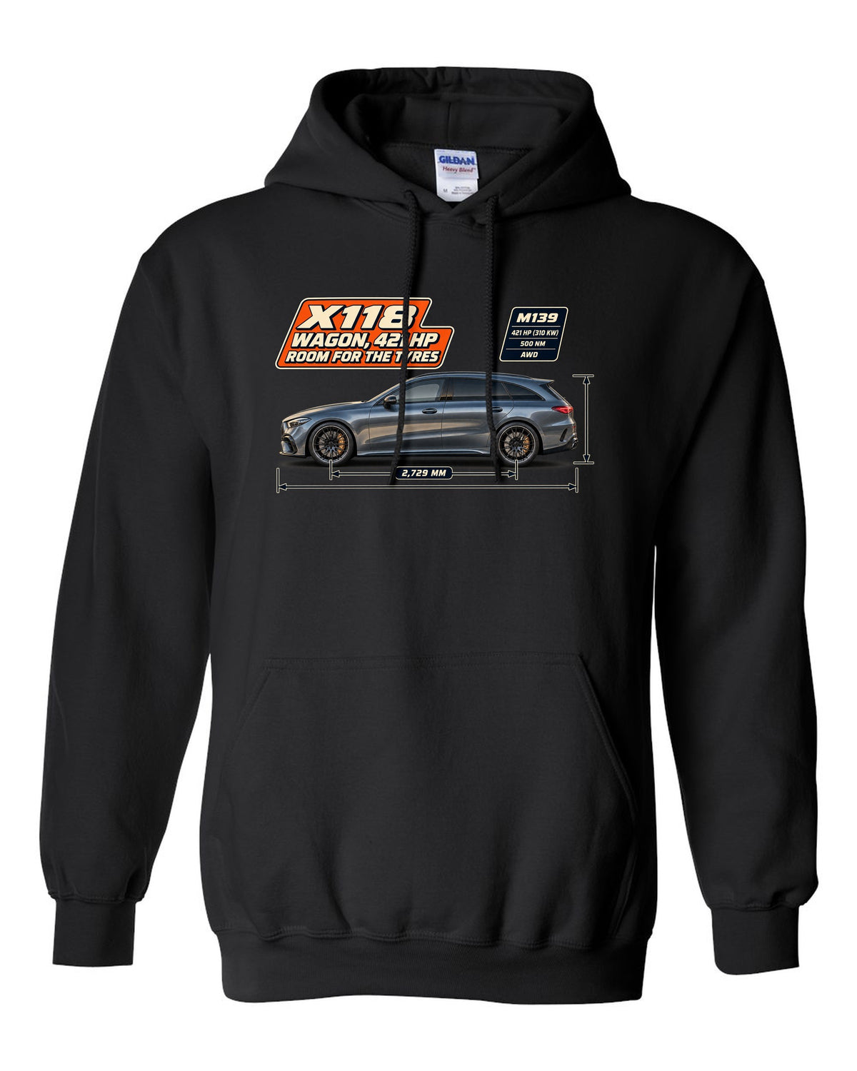 Mercedes-AMG CLA 45 S Shooting Brake X118 wagon spec poster print black pull over hoodie front view with the design