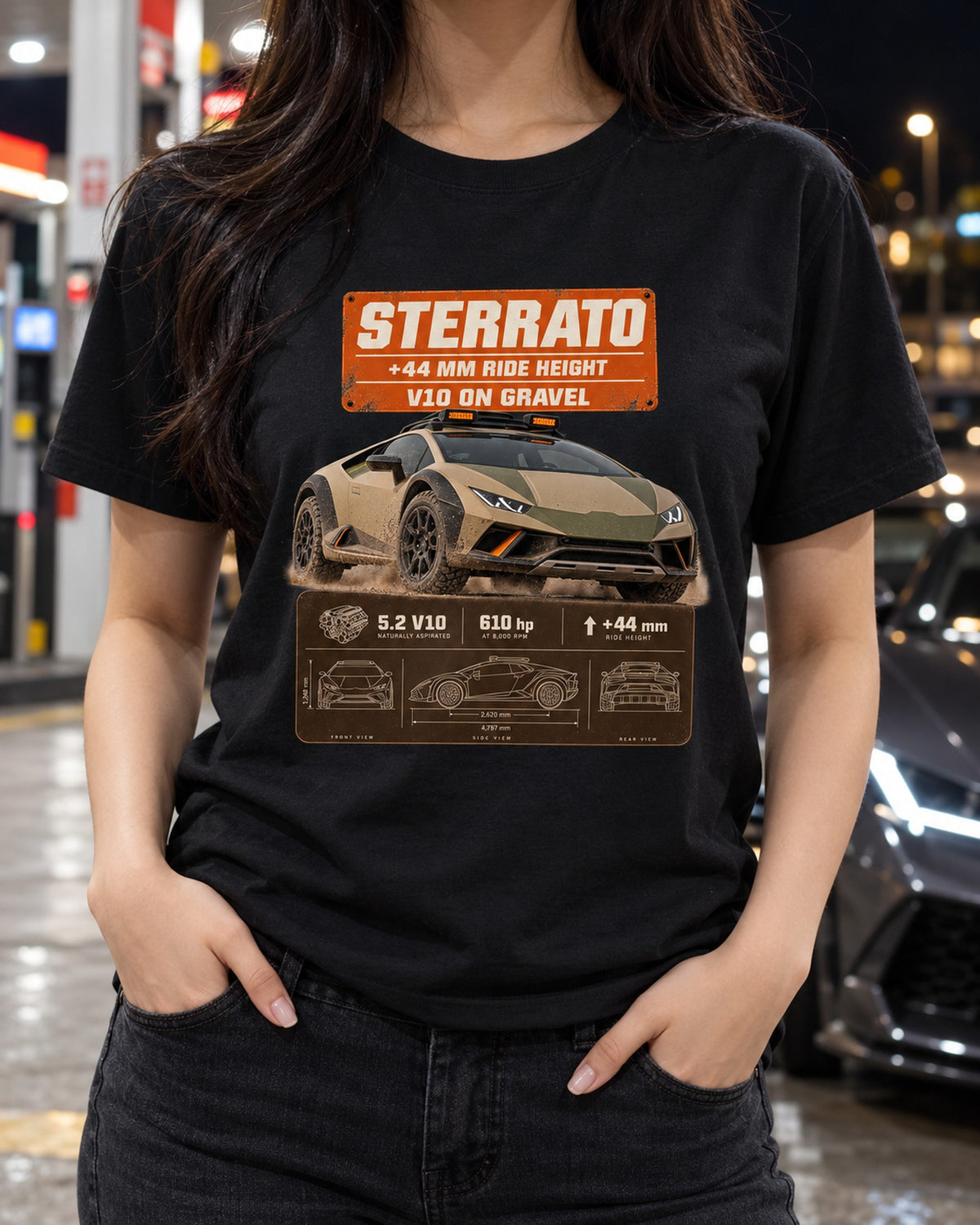 Huracan Sterrato Spec Poster Tee, Lamborghini Gravel V10 T-Shirt Black worn hero