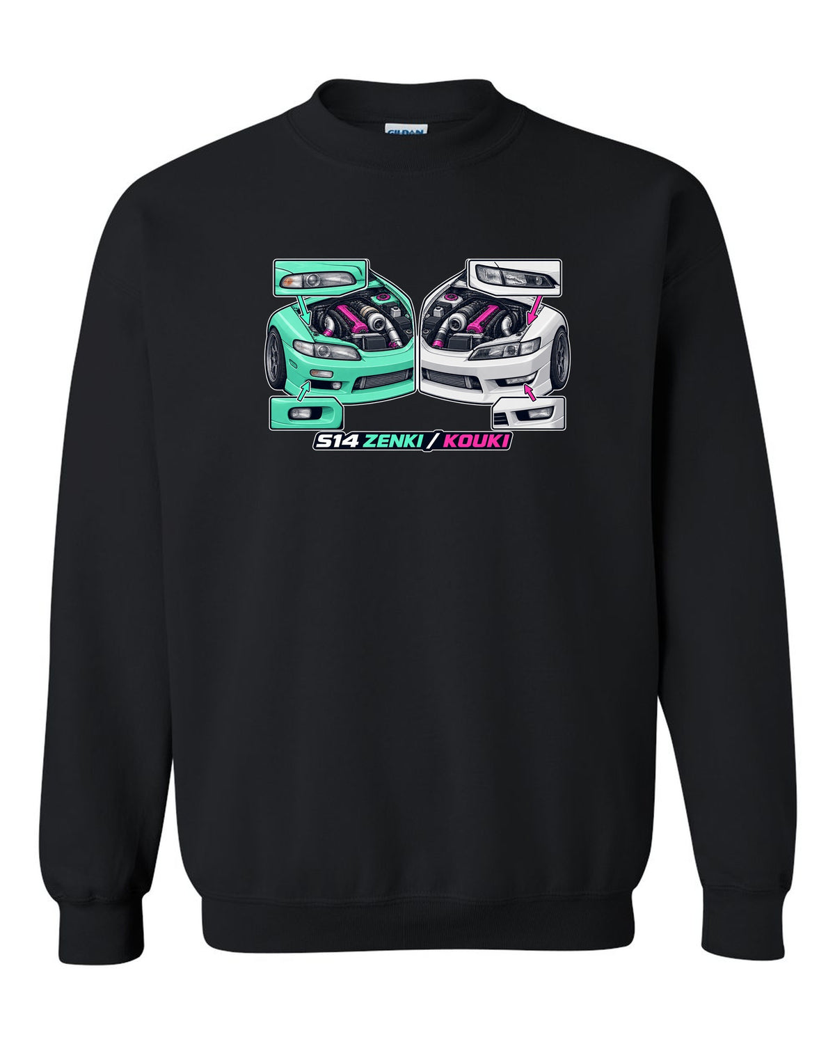 Isometric cutaway print of a 1993 Nissan Silvia S14 with Zenki and Kouki lettering black crewneck front view with the design