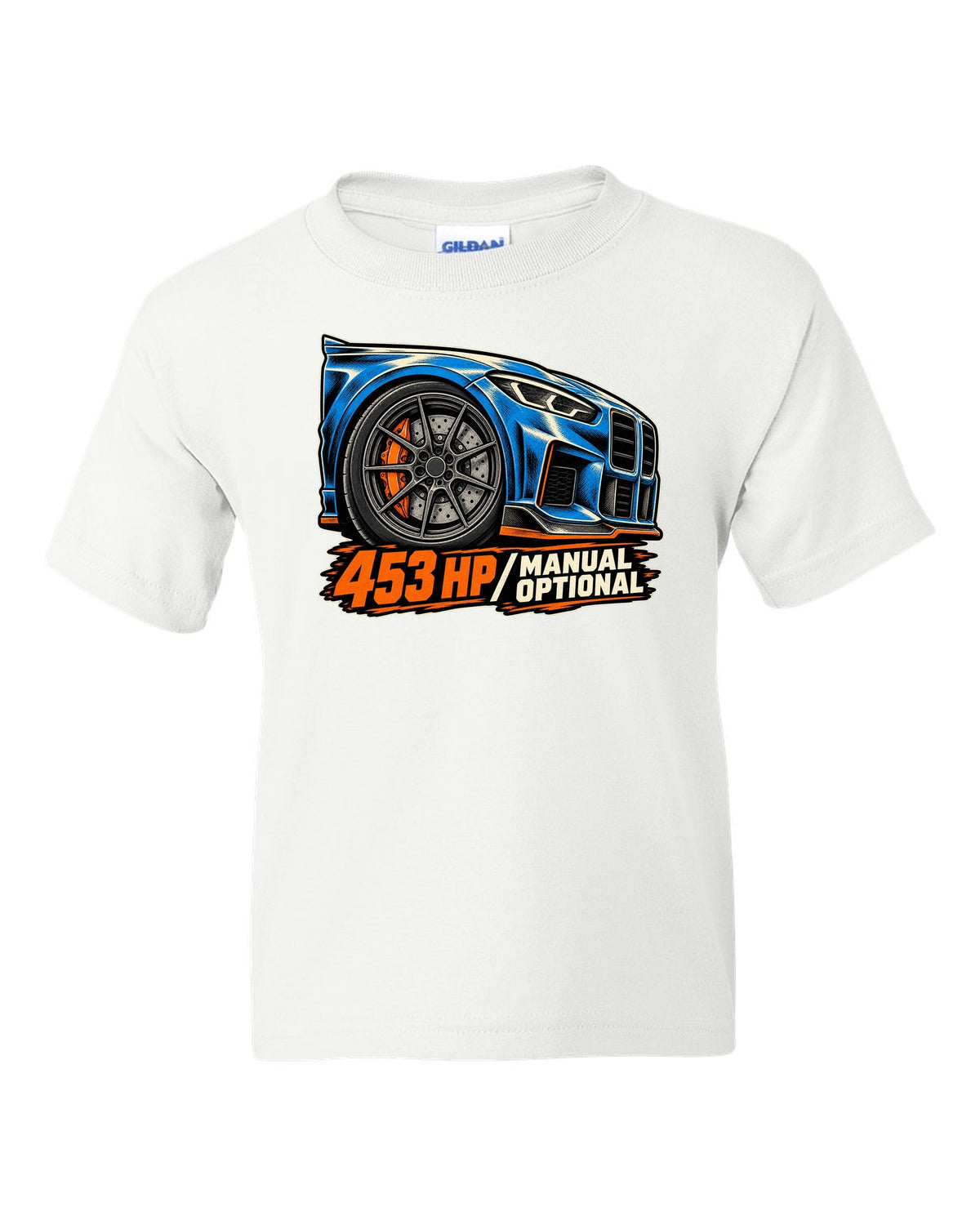 Embroidery-style shield crest print of a BMW M2 F87 with chargepipe fund text white kids tee front view with the design