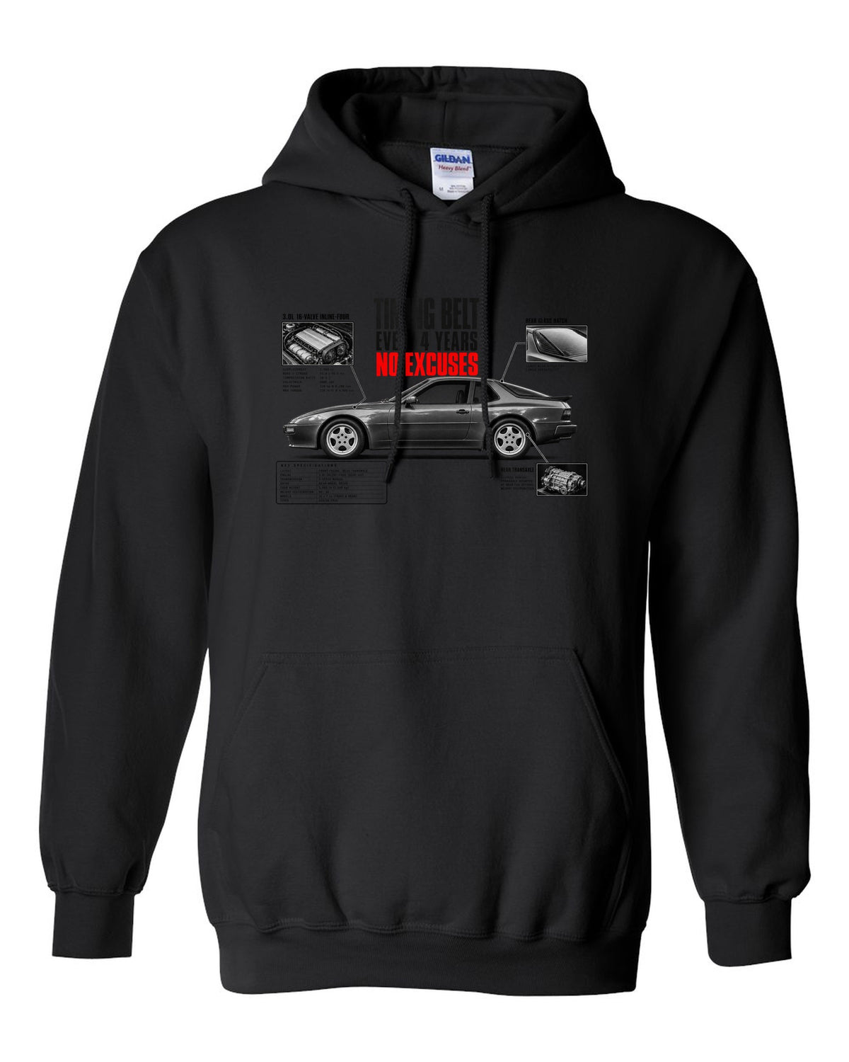 Spec poster print for a Porsche 944 S2 with a timing belt every 4 years caption black pull over hoodie front view with the design