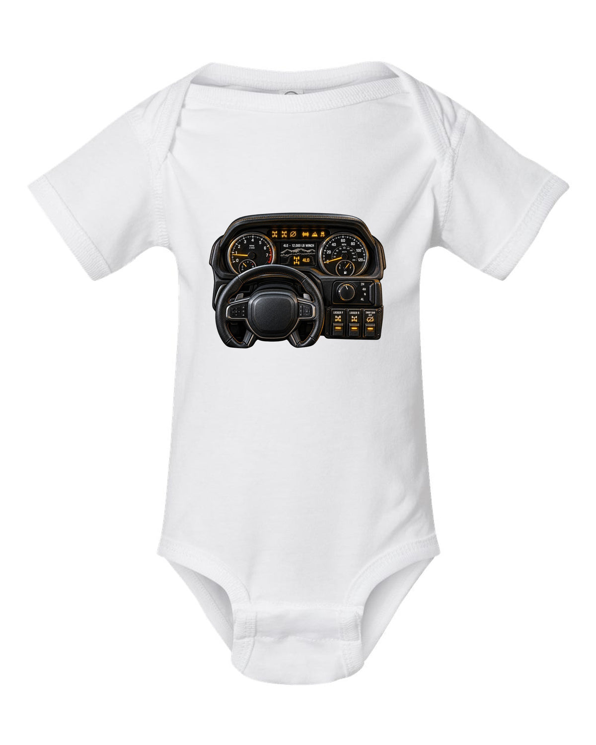Cockpit gauge print of a Ram 2500 Power Wagon showing locker and sway bar readouts white baby onesie front view with the design