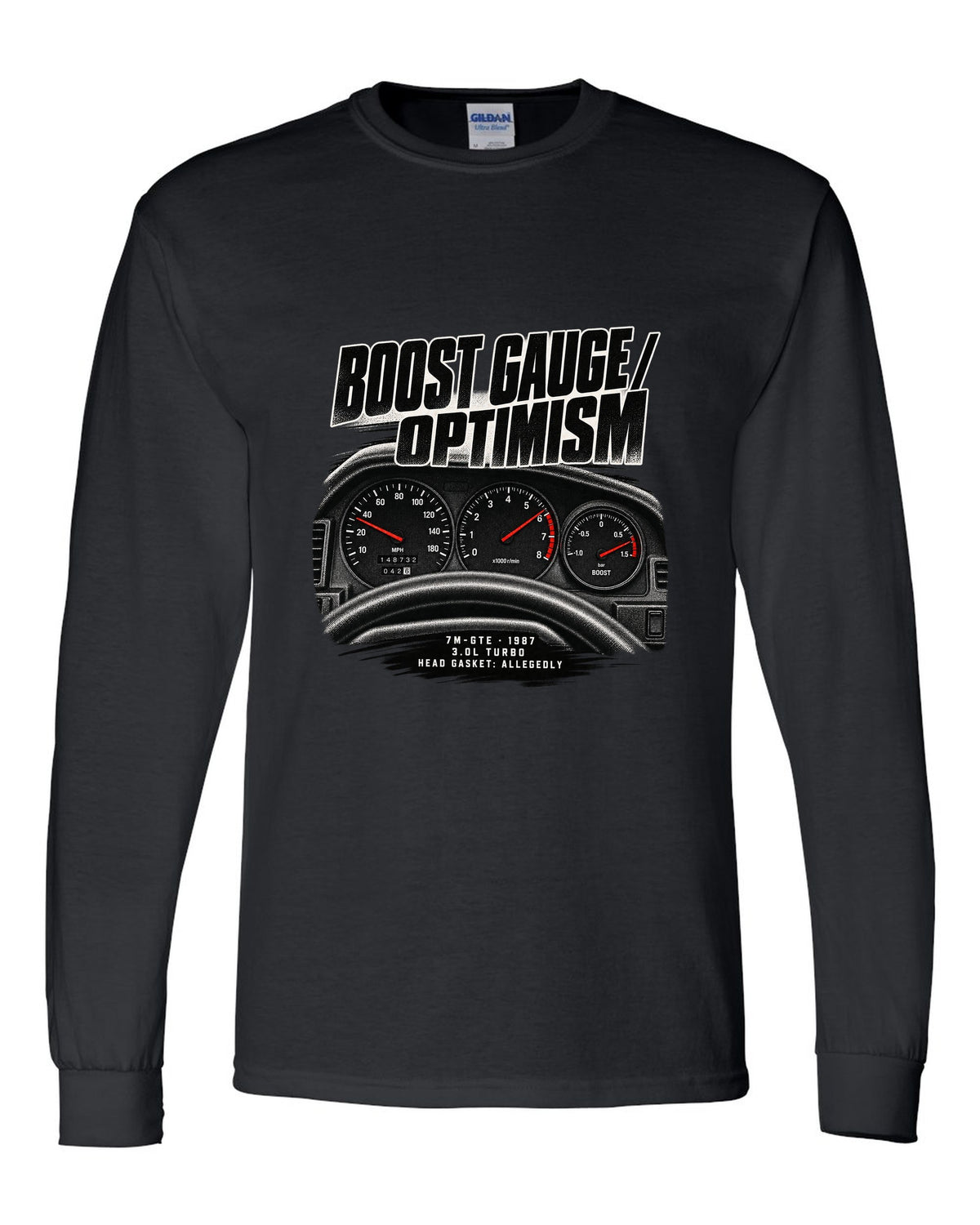 Cockpit gauge print for a Toyota Supra A70 MA70 with the text Boost Gauge Optimism 7M-GTE 1987 black long sleeve front view with the design