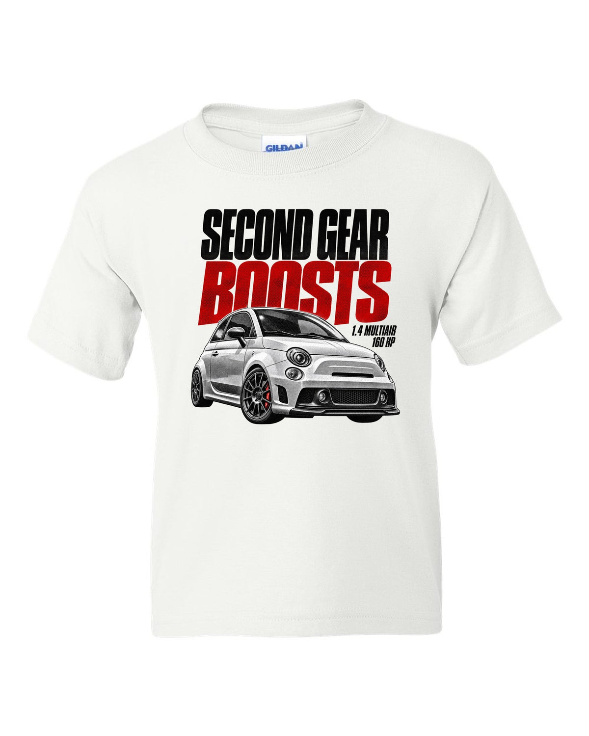 Halftone print of a Fiat 500 Abarth with 1.4 MultiAir and 160 HP text white kids tee front view with the design