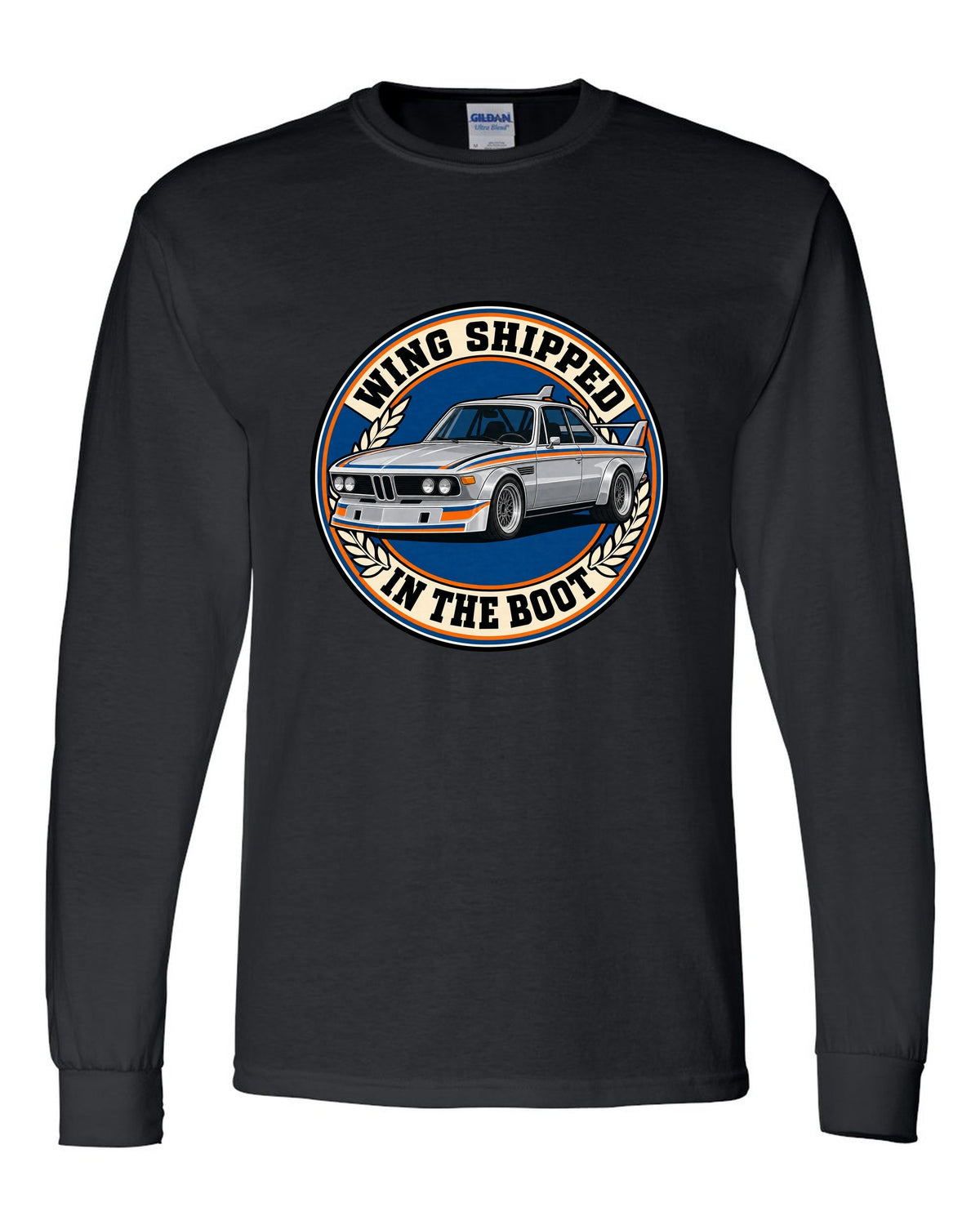 Embroidery-style varsity crest print of a BMW 3.0 CSL E9 with wing in the boot text black long sleeve front view with the design