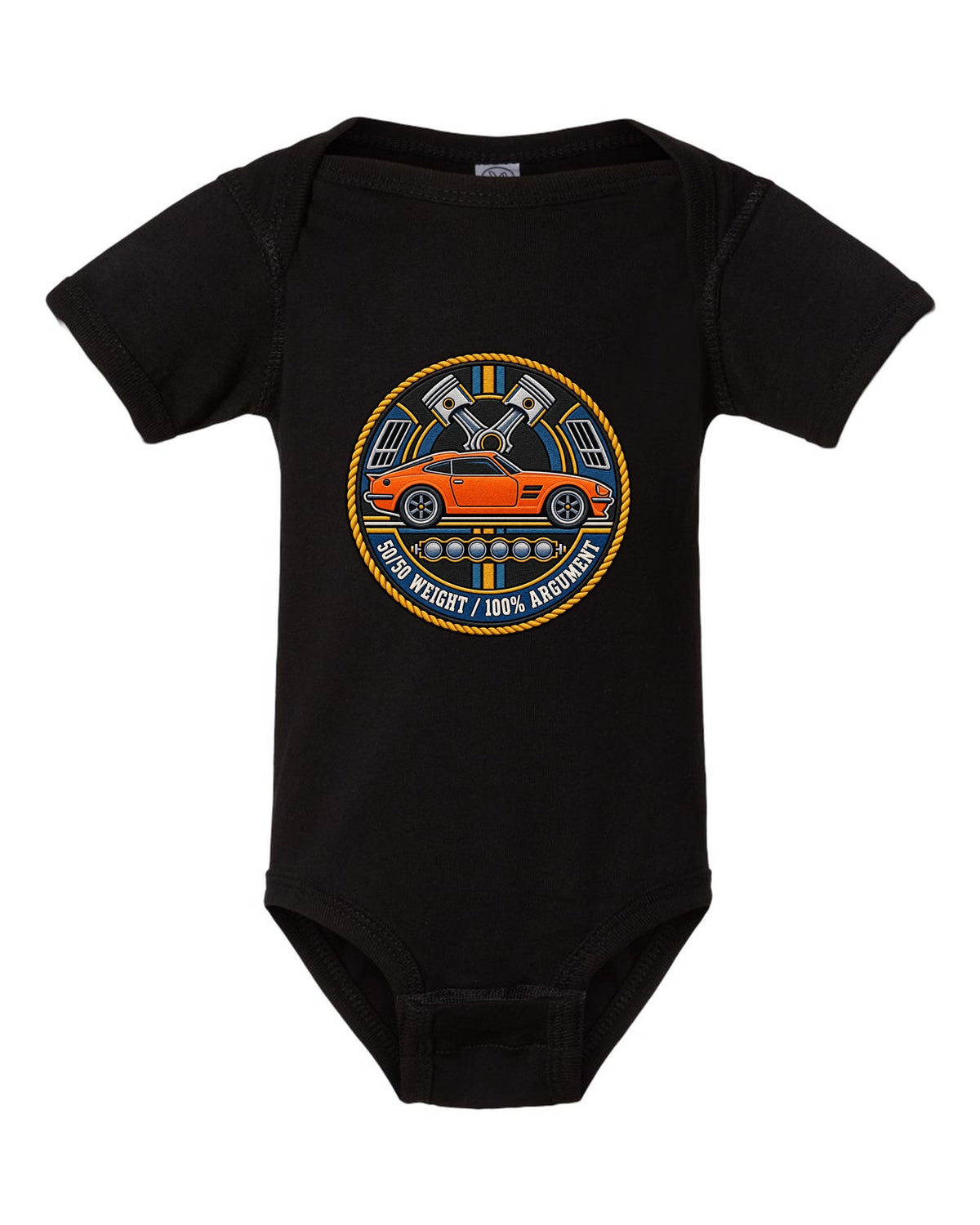 Varsity crest design for the Toyota GR Supra A90 with double-bubble roof black baby onesie front view with the design