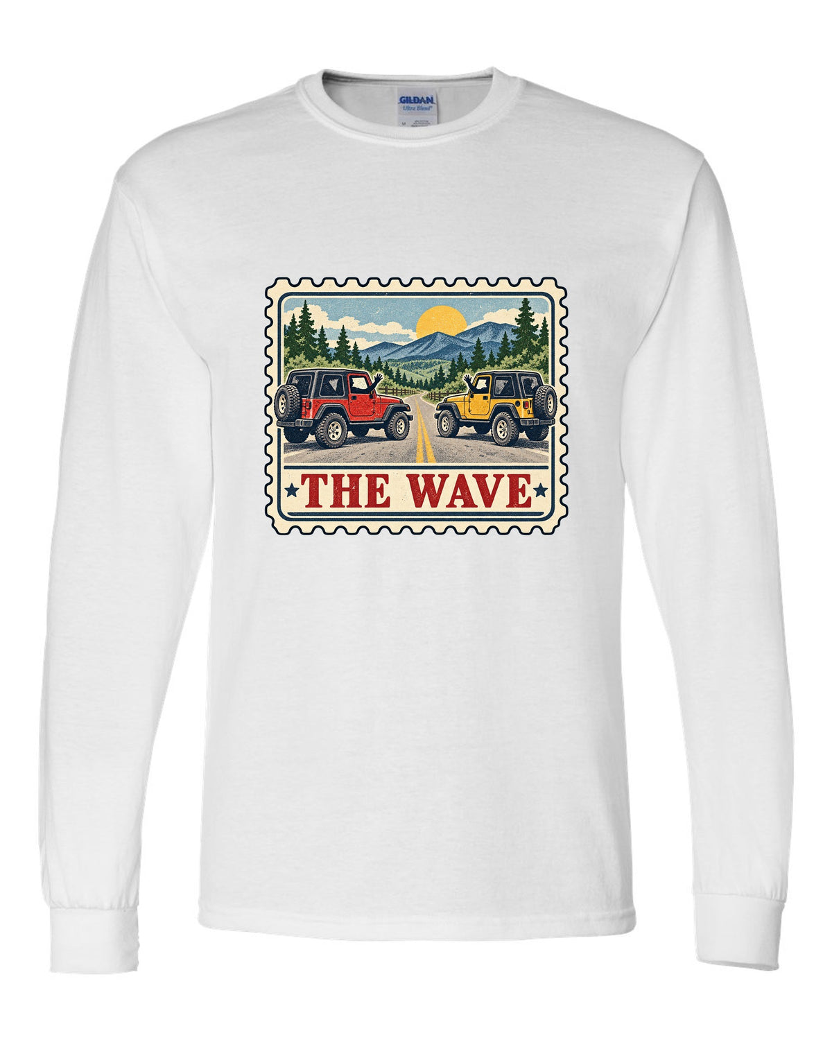 Vintage postage stamp print of a Jeep Wrangler TJ with the words The Wave white long sleeve front view with the design