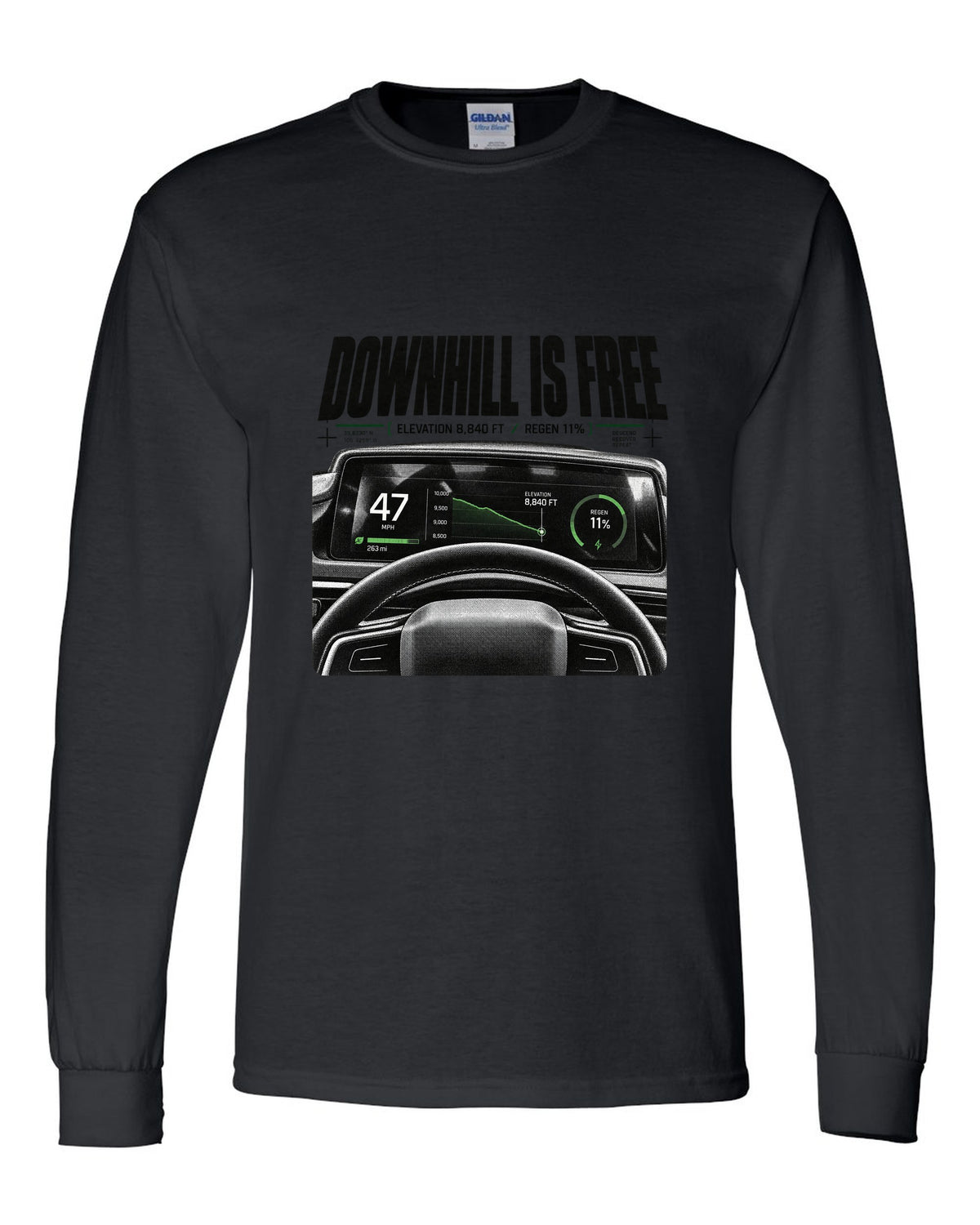 Rivian R1T 2022 cockpit gauge readout with downhill is free, elevation 8,840 ft and regen 11% black long sleeve front view with the design
