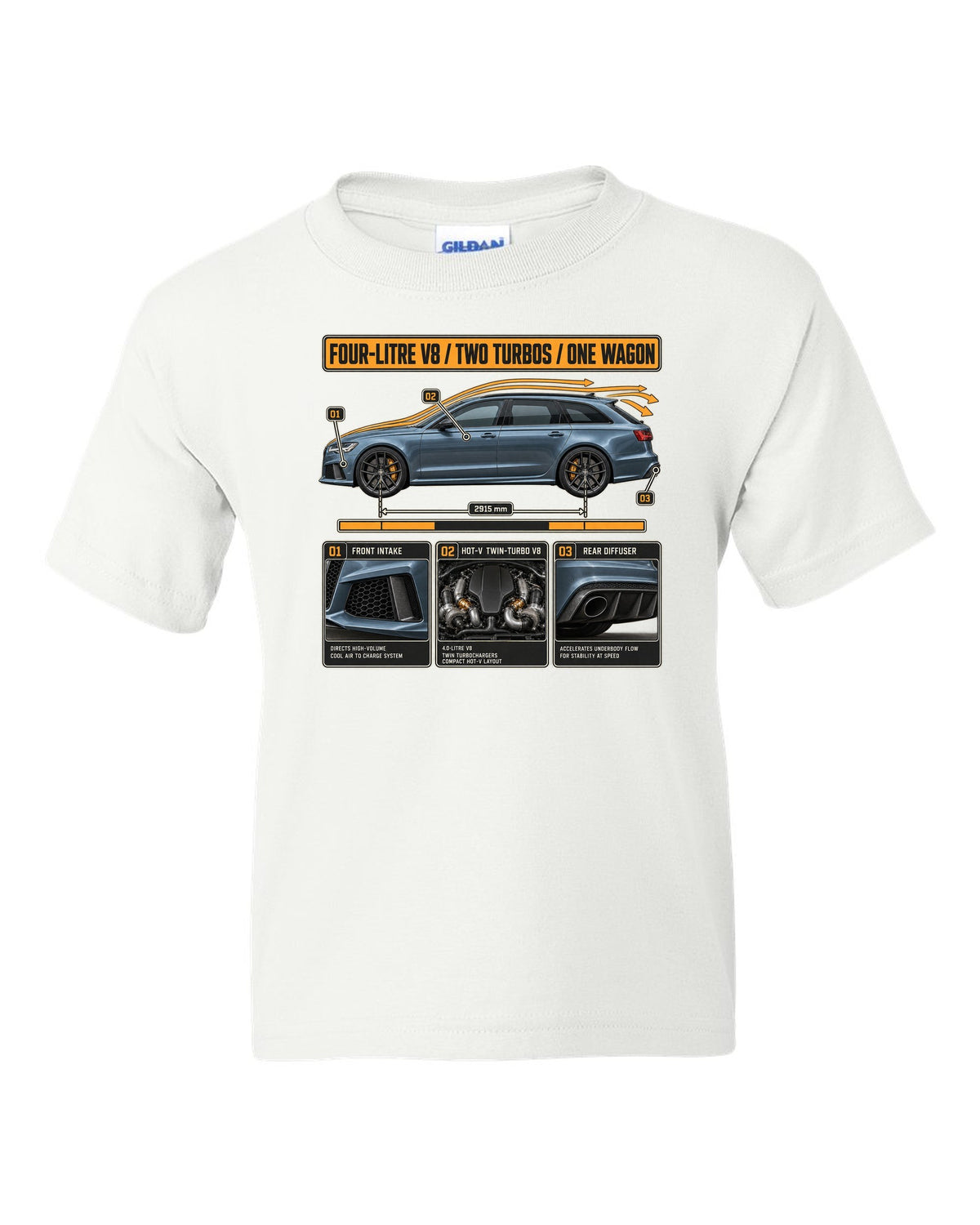 Audi RS6 Avant C7 steel blue aero cutaway callouts print white kids tee front view with the design