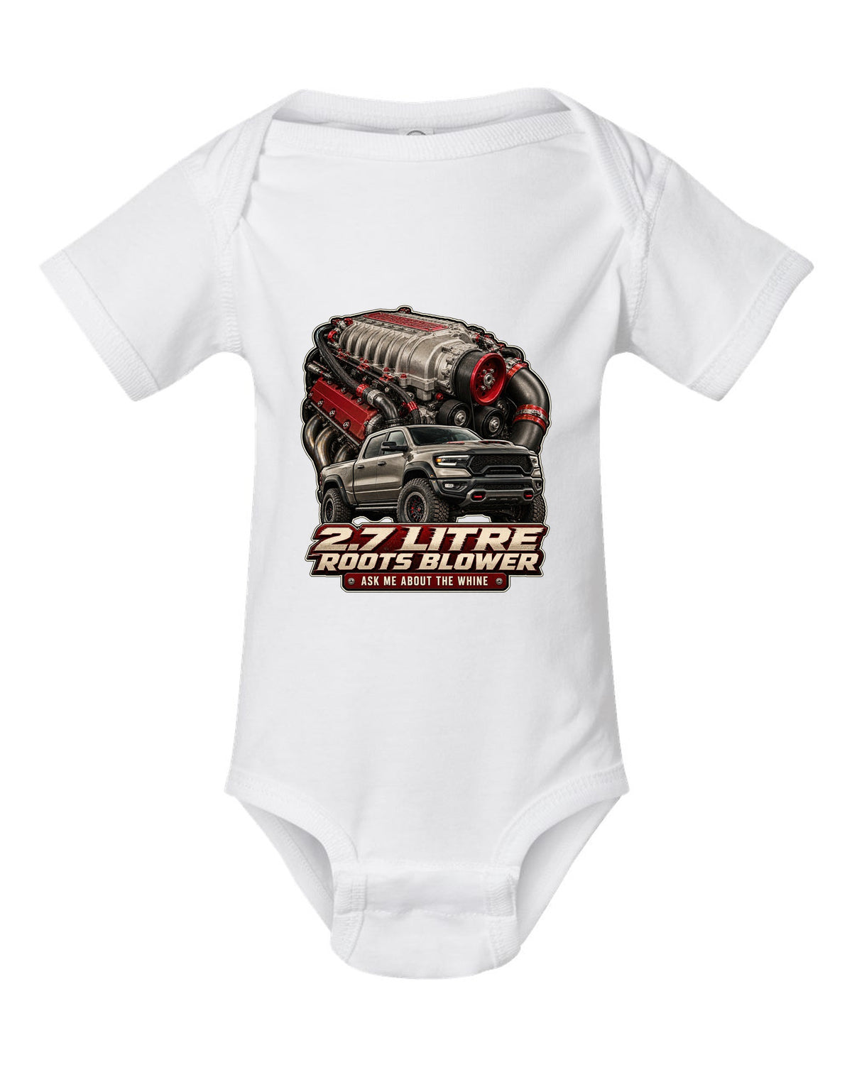 Ram 1500 TRX 2.7 litre Roots supercharger engine poster print white baby onesie front view with the design