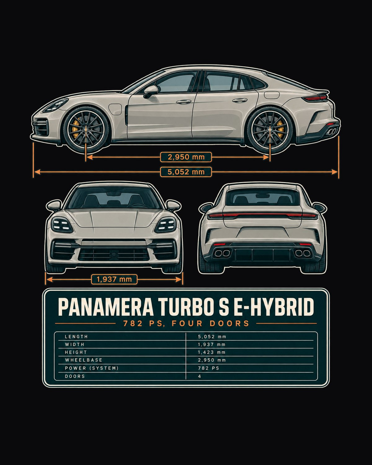 Porsche Panamera Turbo S E-Hybrid G3 Three-View Spec Shirt design only