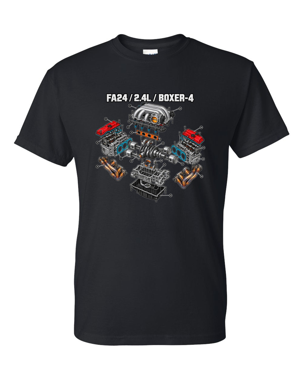 Cutaway exploded diagram of the FA24 2.4L boxer-four engine for a Toyota GR86 ZN8 black t-shirt front view with the design