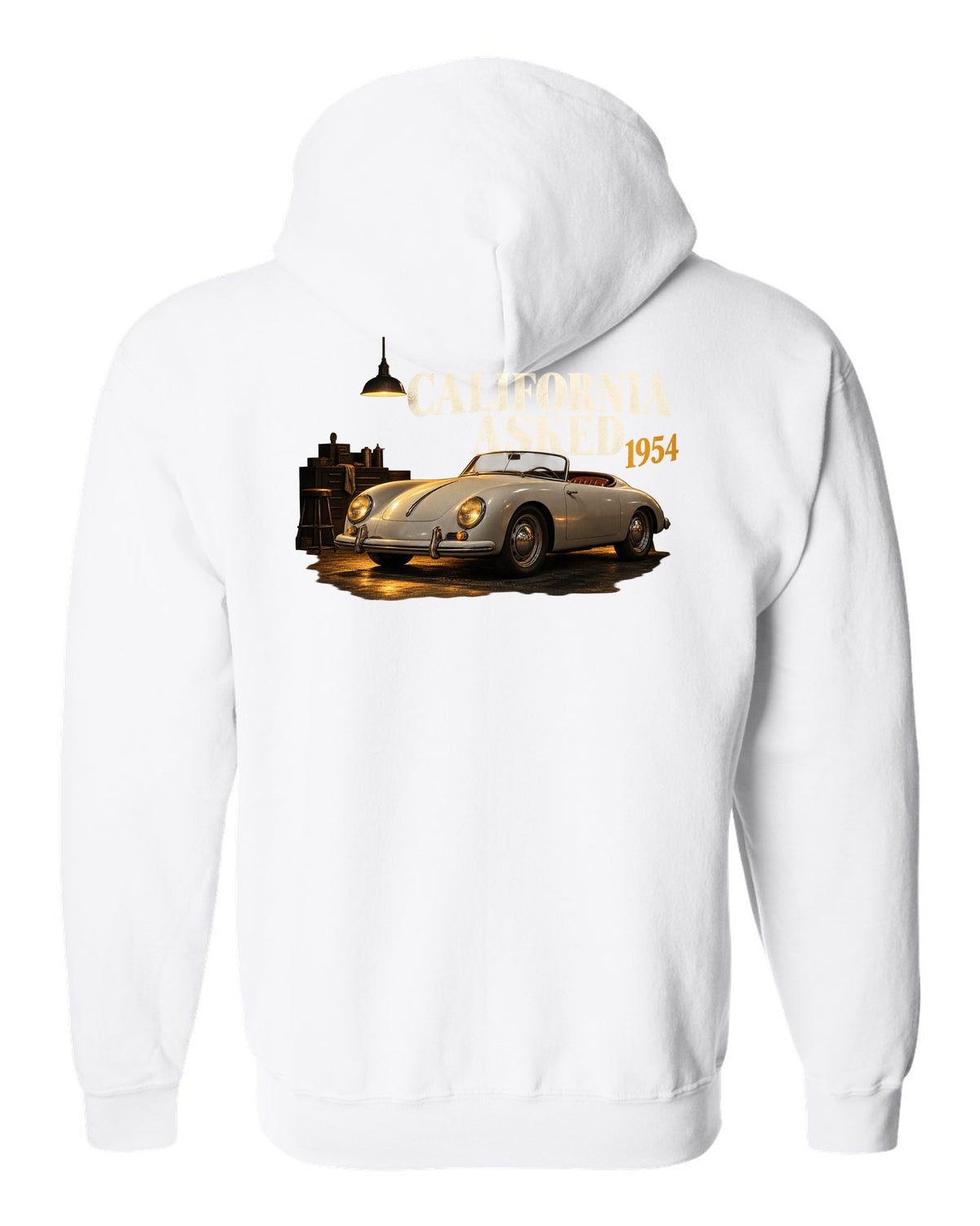 Garage night print of a 1954 Porsche 356 A Speedster with the caption California Asked white zip hoodie back view with the design