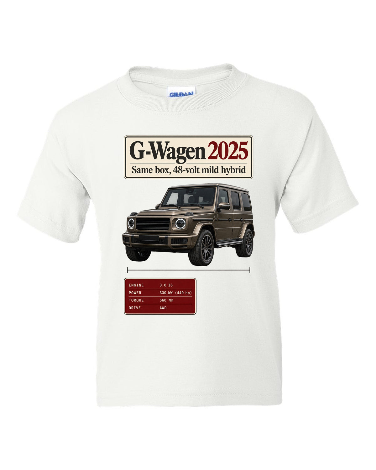 Archive panel print of a 2025 Mercedes-AMG G63 W463A facelift white kids tee front view with the design