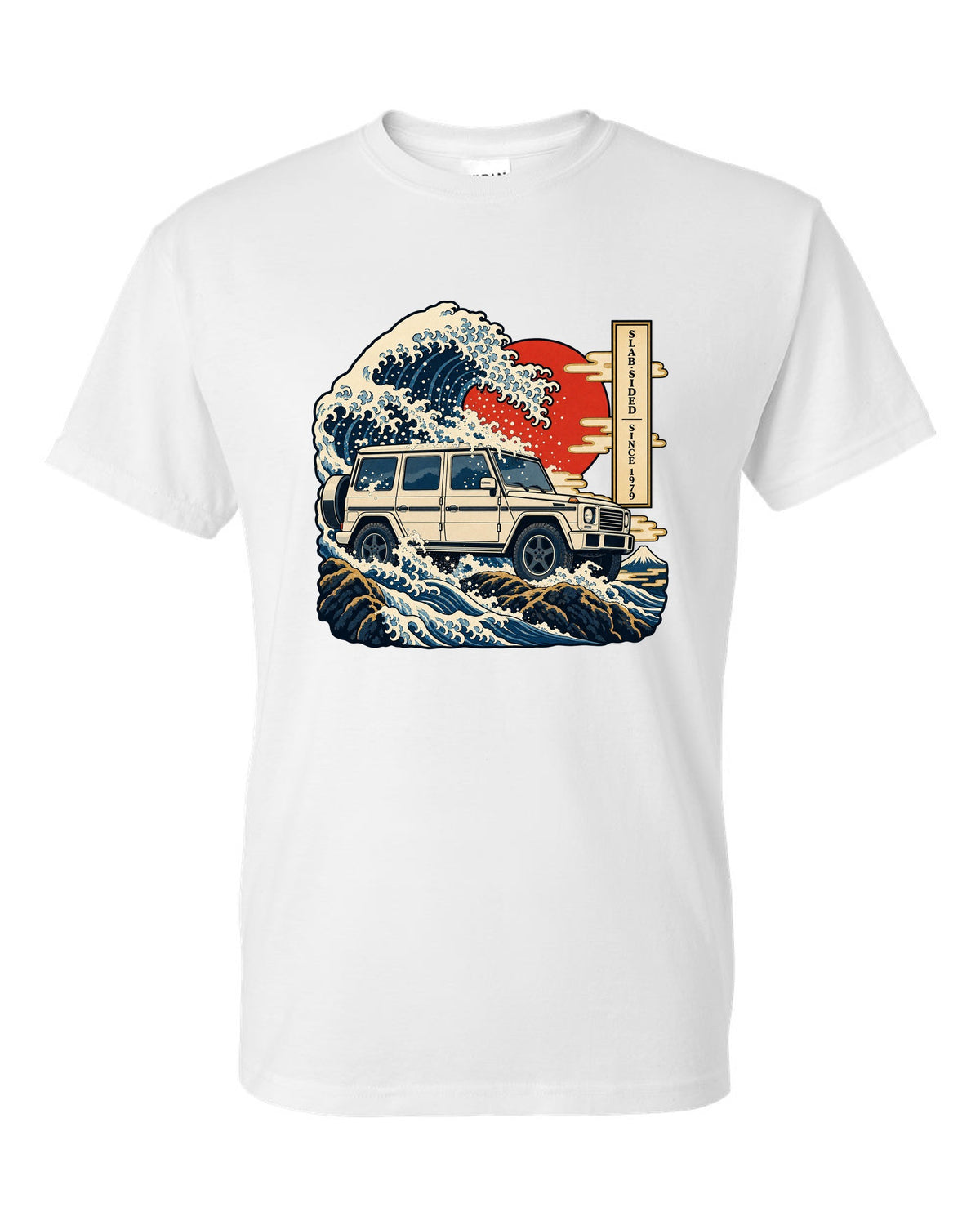 Bold crest graphic reading 577 HP and 2.5 Tonnes for the Mercedes G63 W464, print white t-shirt front view with the design