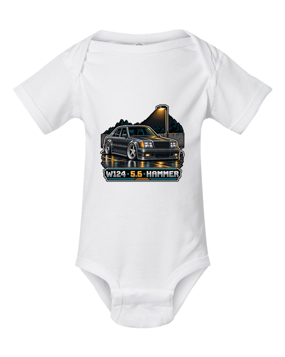 Pixel art Mercedes 300E 5.6 Hammer W124 parked in a car park white baby onesie front view with the design