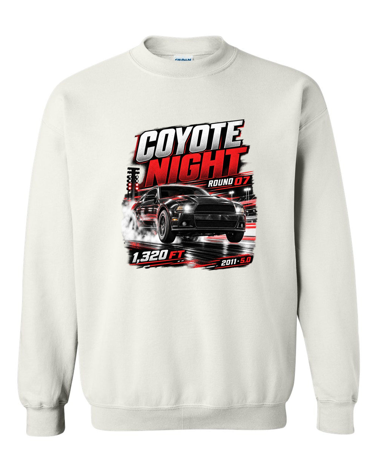 Night race poster print of a 2011 Ford Mustang S197 GT 5.0 white crewneck front view with the design