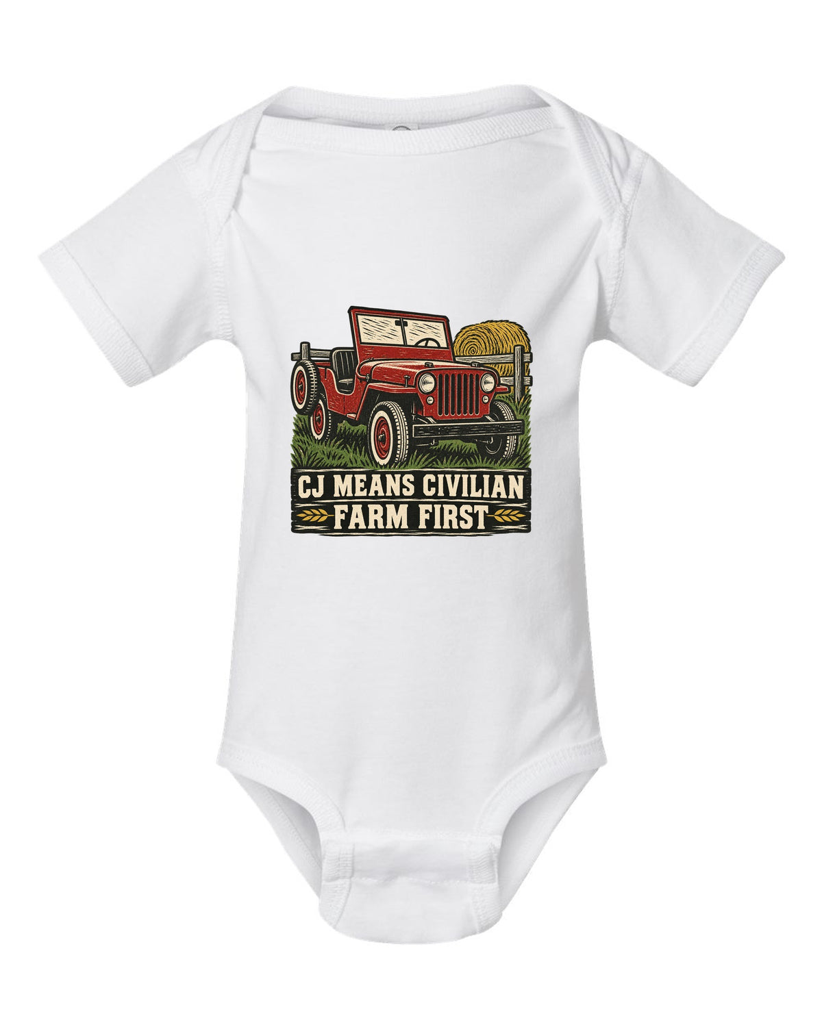 Linocut-style print of a Jeep CJ-2A with civilian farm text white baby onesie front view with the design