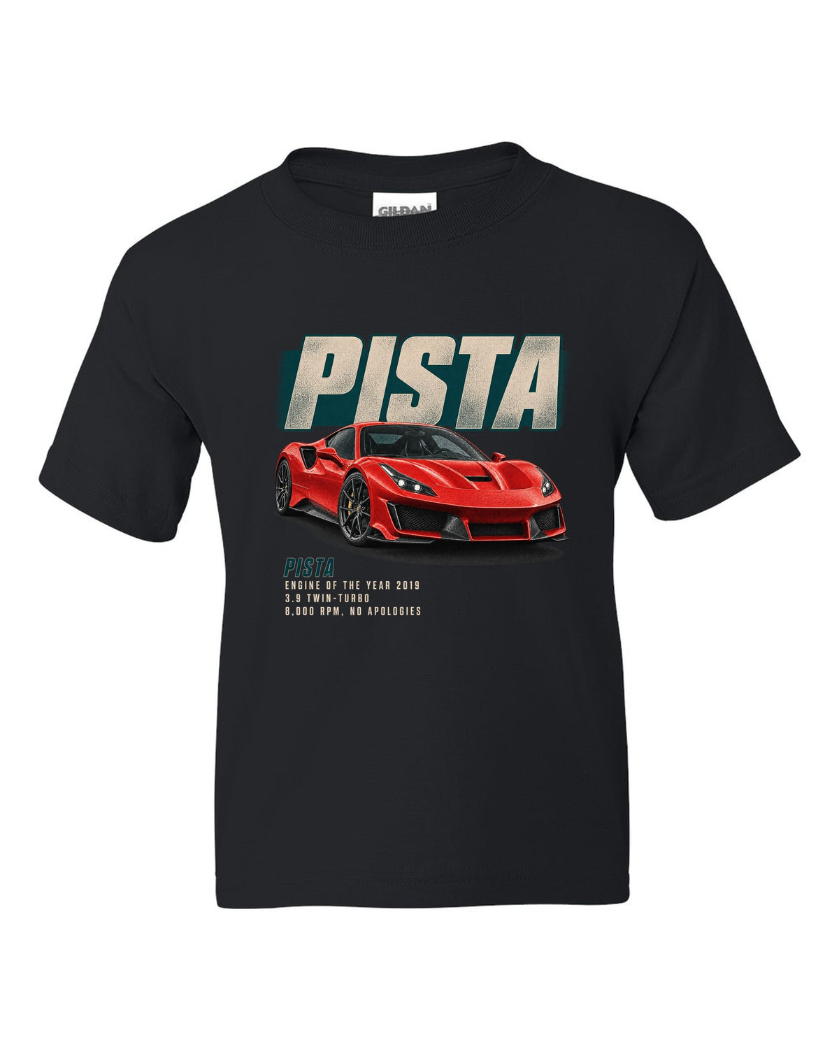 Editorial headline print of a red Ferrari 488 Pista in front three-quarter view black kids tee front view with the design