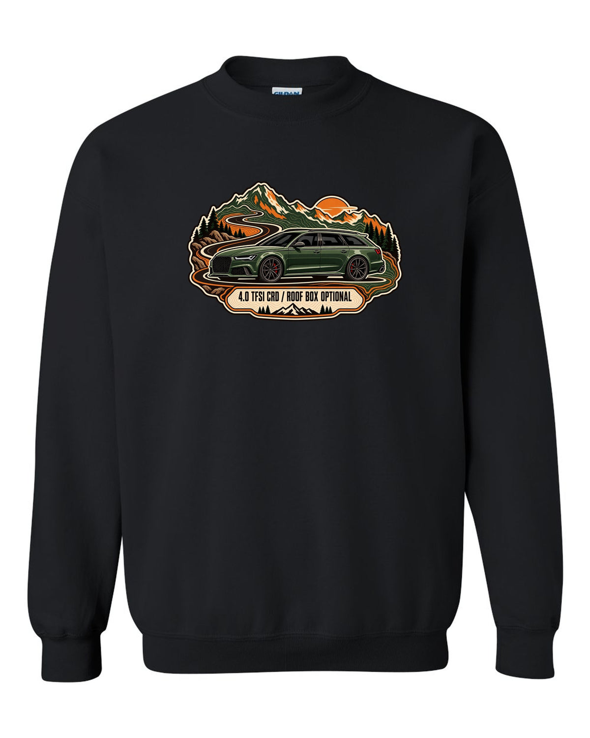 Topographic route map design of the Audi RS6 Avant C7 4G with 4.0 TFSI and roof box optional lettering black crewneck front view with the design
