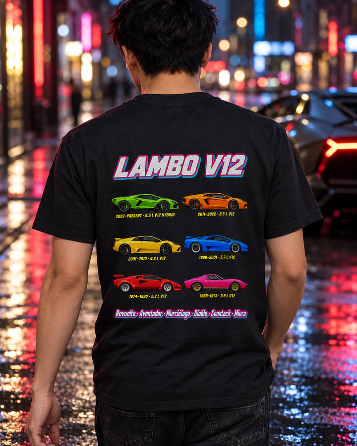 Lamborghini V12 Evolution Poster Full-Back Graphic Tee T-Shirt Black worn hero