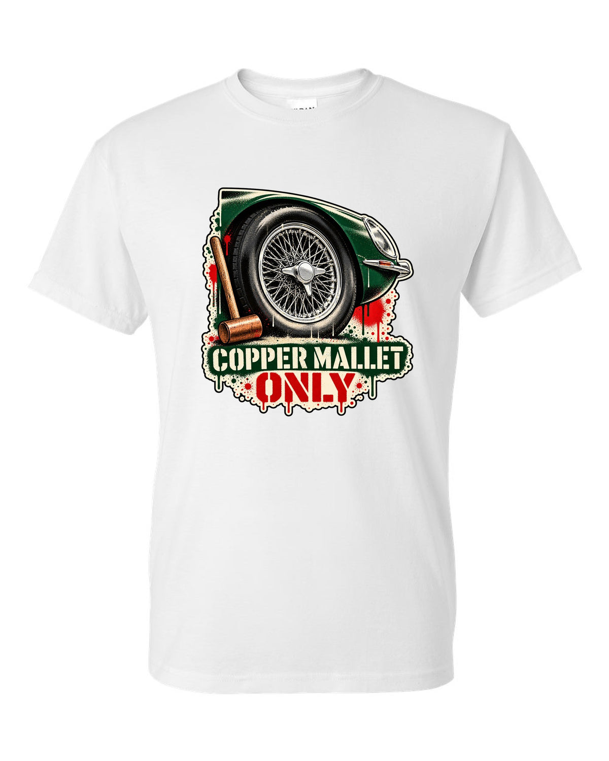 Spray stencil street art print of a Jaguar E-Type Series 1 wire wheel with copper mallet lettering white t-shirt front view with the design