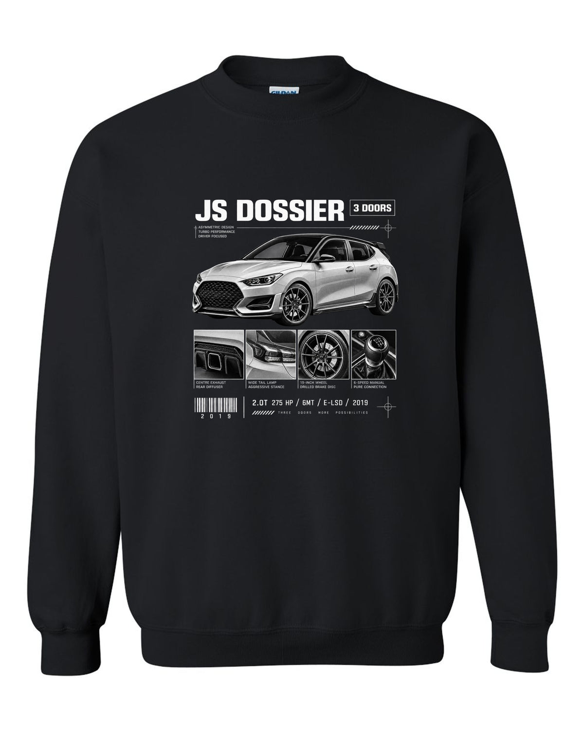 Hyundai Veloster N JS dossier panels with three doors and drivetrain specs black crewneck front view with the design