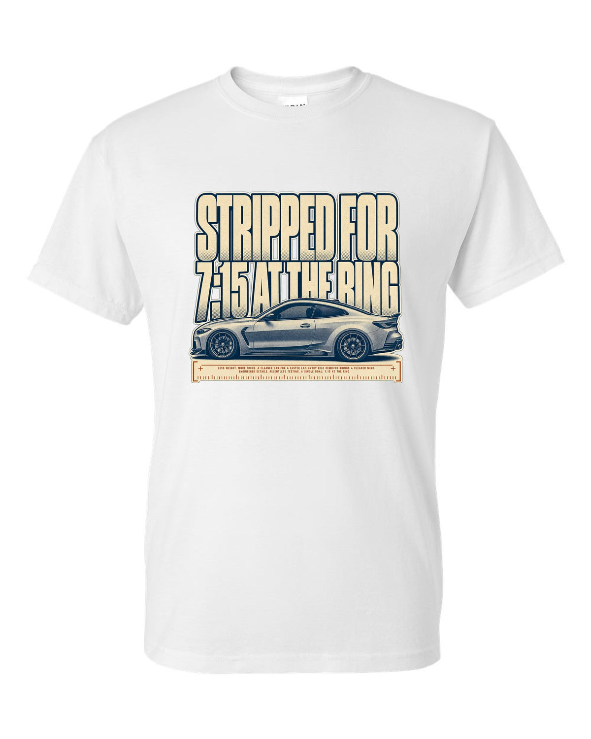 BMW M4 CSL G82 halftone print with 7:15 at the Ring text white t-shirt front view with the design
